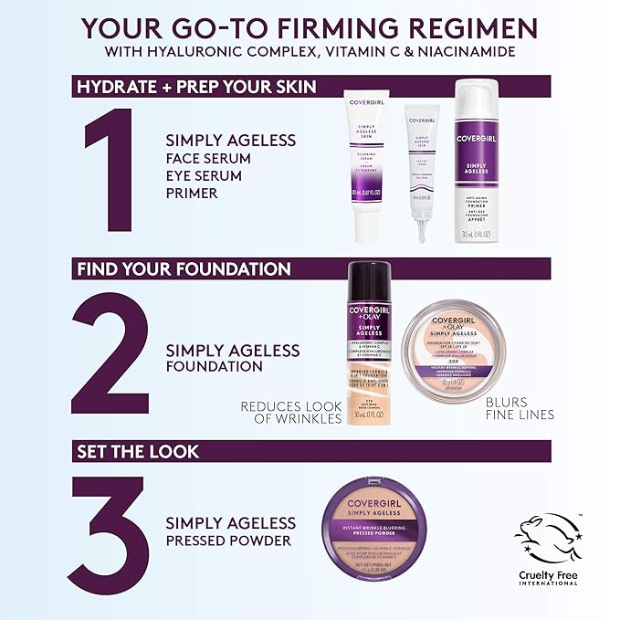 Covergirl + Olay Simply Ageless 3-in-1 Liquid Foundation, Creamy Natural & Simply Ageless Instant Wrinkle Blurring Pressed Powder, Buff Beige, 0.39 Oz.