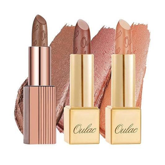 Oulac Metallic Brown Lipstick Set 3PCS, Comfortable Creamy Texture, Smooth No Grainy Feeling, Vegan & Gluten Free, Full-Coverage Lip Makeup, 3 X 4.3 g, 604+24+GM10