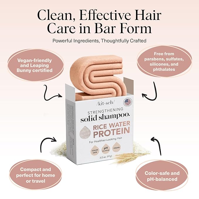 Kitsch Rice Water Shampoo Bar – Dry Hair Shampoo & Soap Bar for Hair Care & Hair Growth – Women and Mens Shampoo – Strengthens Damaged Hair – Vegan, Paraben, Silicone & Sulfate-Free – 3.2 oz