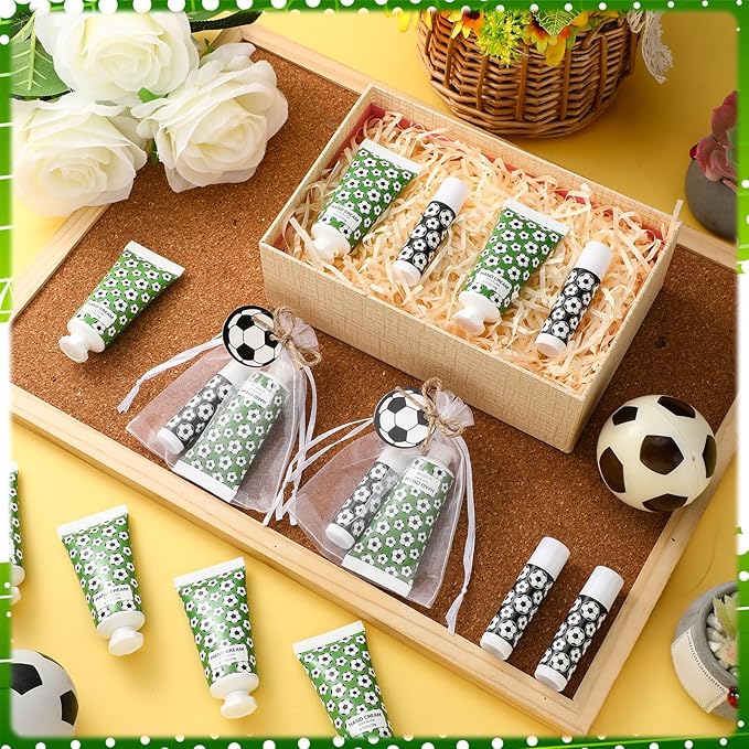 36 Sets Soccer Lip Balm Hand Cream Set soccer Party Favors, Include 36 Lip Balm 36 Moisturizing Hand Cream 36 Bags 36 Cards and Ropes for Soccer Accessories Gifts