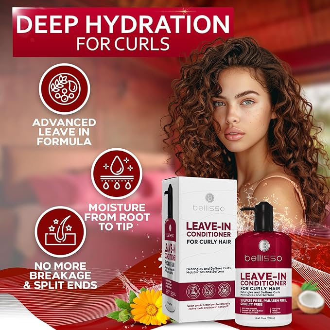 Leave in Conditioner for Curly Hair - Frizz Control for Women and Men - Restores Dry, Damaged and Wavy Hair - Detangler Cream and Sulfate Free Anti Static Moisturizer Treatment with Shea Butter