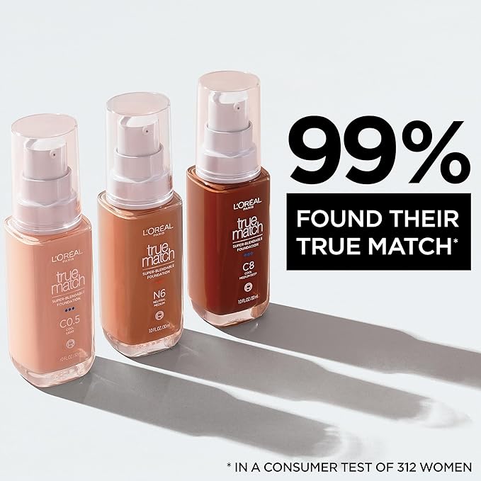 L'Oreal Paris True Match Super-Blendable Foundation, Medium Coverage Liquid Foundation Makeup, W9, Medium Deep, 1 Fl Oz
