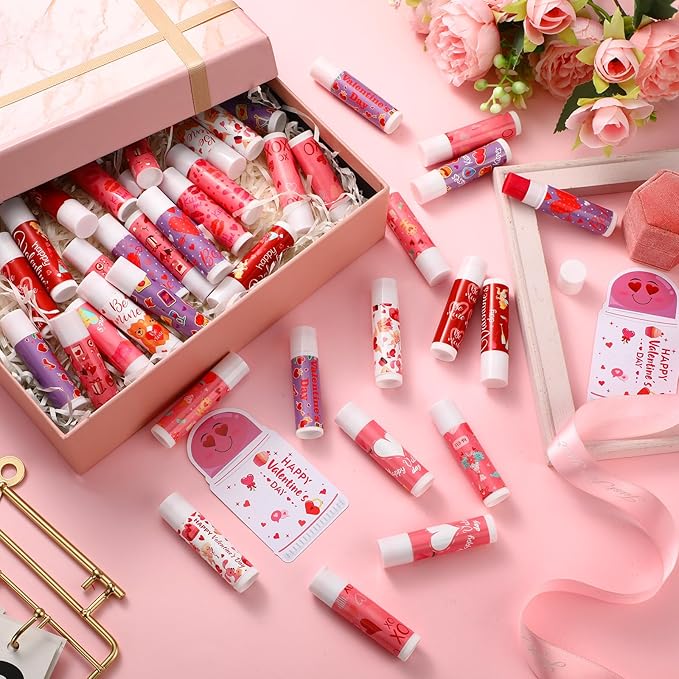 48 Pcs Valentine's Day Cherry Flavored Moisturizing Lip Balm Gloss Lipstick with 48 Pcs Valentine's Day Card Bulk Party Supplies Lip Care Gift Men Women and Children, 12 Styles