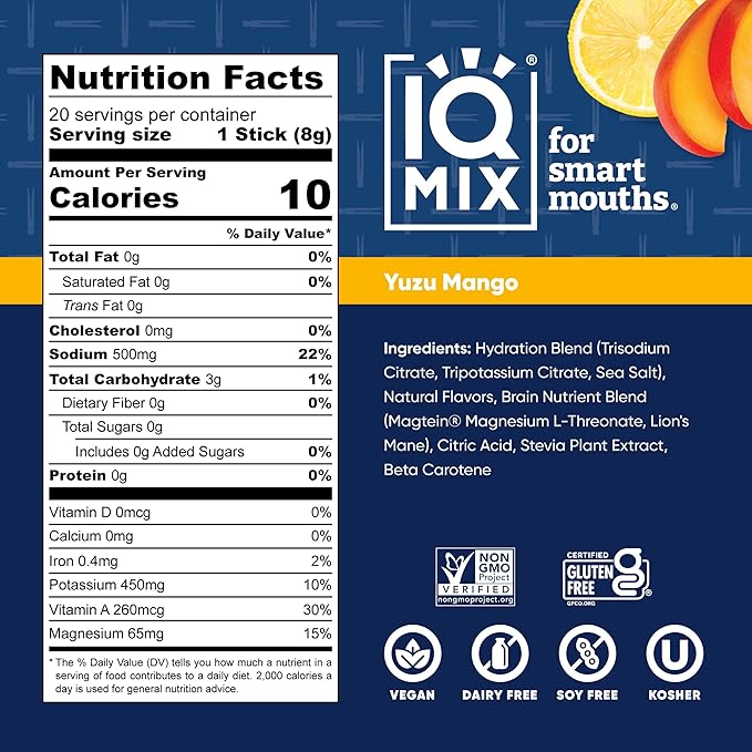 IQMIX x Chef Thomas Keller - Hydration Electrolyte Powder – 4-in-1 Formula for Hydration, Mental Clarity, Mood and Recovery – Sugar-Free, Keto, Magnesium L-Threonate, Lion’s Mane – 20 Count Yuzu Mango