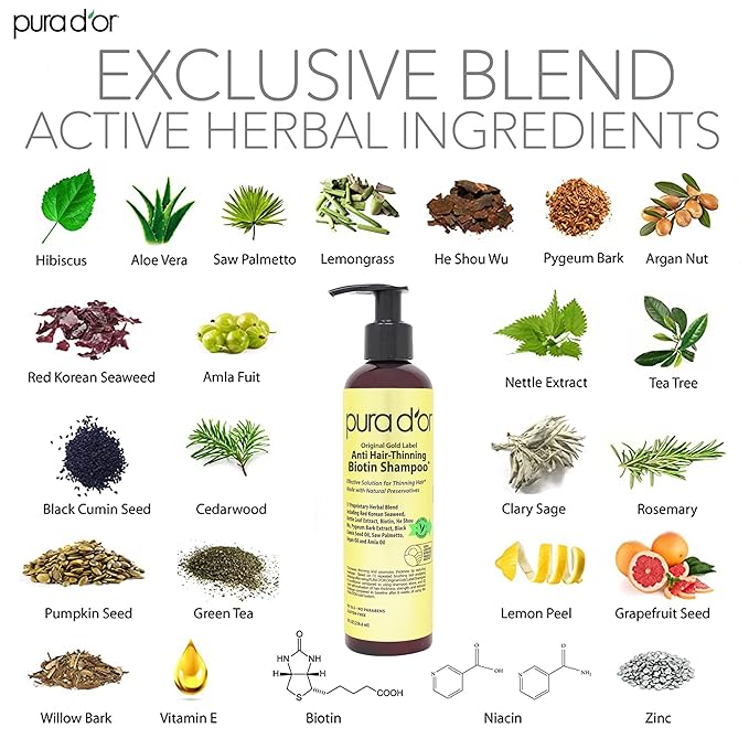 PURA D'OR 8 Oz Original Gold Label Anti-Thinning Biotin Shampoo Natural Earthy Scent, CLINICALLY TESTED Effective Results, Herbal Blend Hair Thickening Products, Women & Men, Color Treated Hair