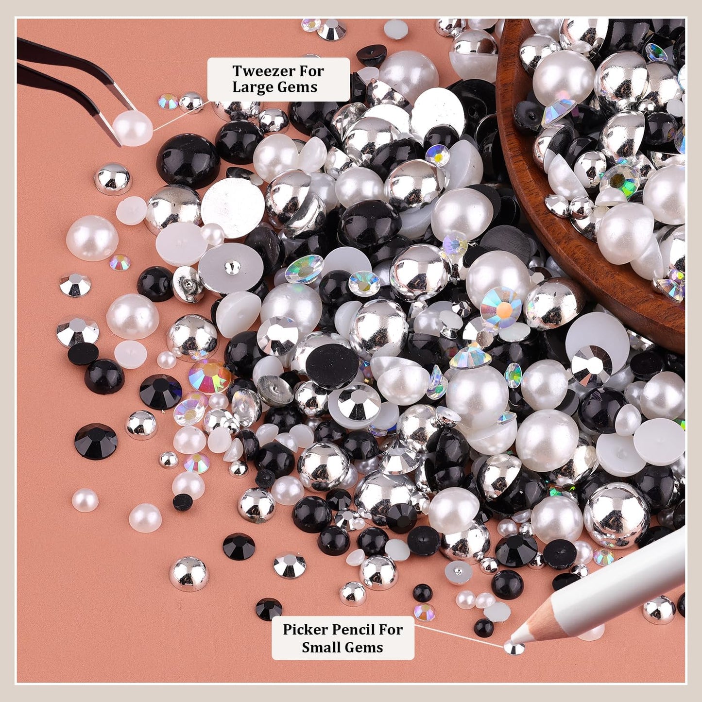 80g Flatback Pearls and Rhinestones for Crafting, Black White 3-10mm Resin Rhinestones and Half Pearls for Bedazzling, Nail Art and Dec with 3pcs 10ml B7000 Jewelry Glue, Tweezer and Pickup Pencil