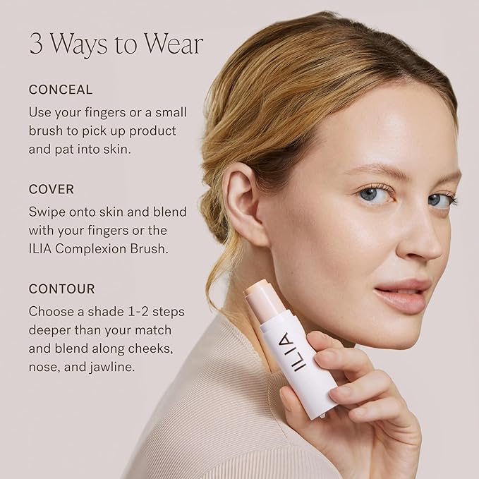 ILIA - Skin Rewind Complexion Stick - Foundation + Concealer + Skincare | Non-Toxic, Vegan, Cruelty-Free, Clean Makeup (13O - Hickory, 0.35 oz | 10 g)