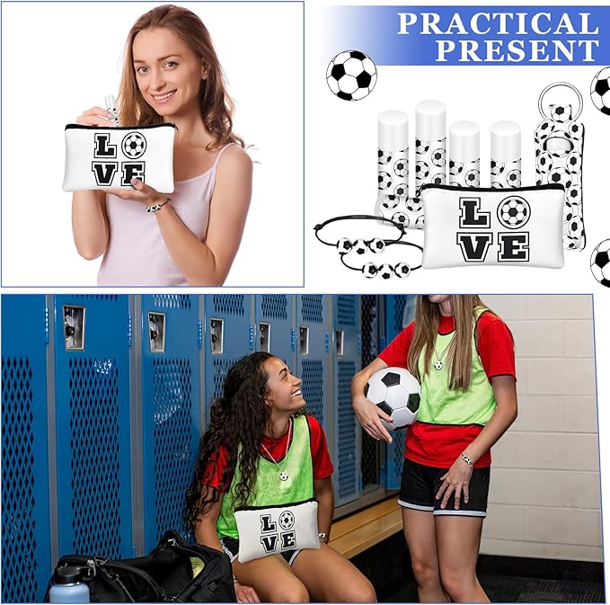 72 Pcs Sports Team Gifts Include 12 Makeup Bags 12 Lip Balm 12 Lip Balm Holder 12 Necklace 12 Adjustable Bracelet 12 Mirrors for Sports Lovers Players Party Favors (Black, Soccer)