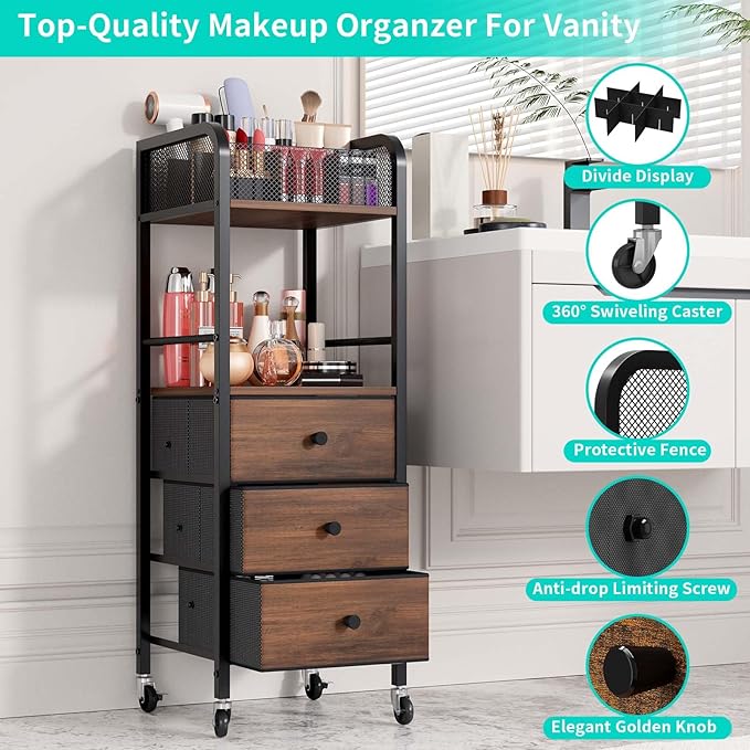 HapiRm Rolling Makeup Cart Organizer - Floor Skincare Make Up Storage with 3 Drawers, Vanity Organizer Cosmetic Display Cases Holder for Skin Care Perfume Nail Polish Brush Hair Tool