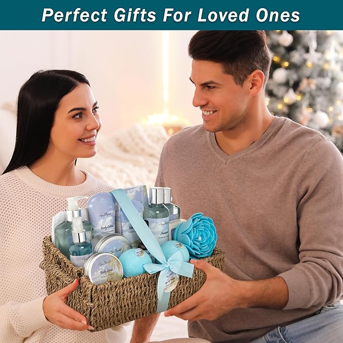 Bath Spa Gift Sets - Luxury Basket With Ocean & Coconut - Spa Kit Includes Wash, Bubble Bath, Lotion, Bath Salts, Body Scrub, Body Spray, Shower Puff, Bathbombs, Soap in Wooden Basket