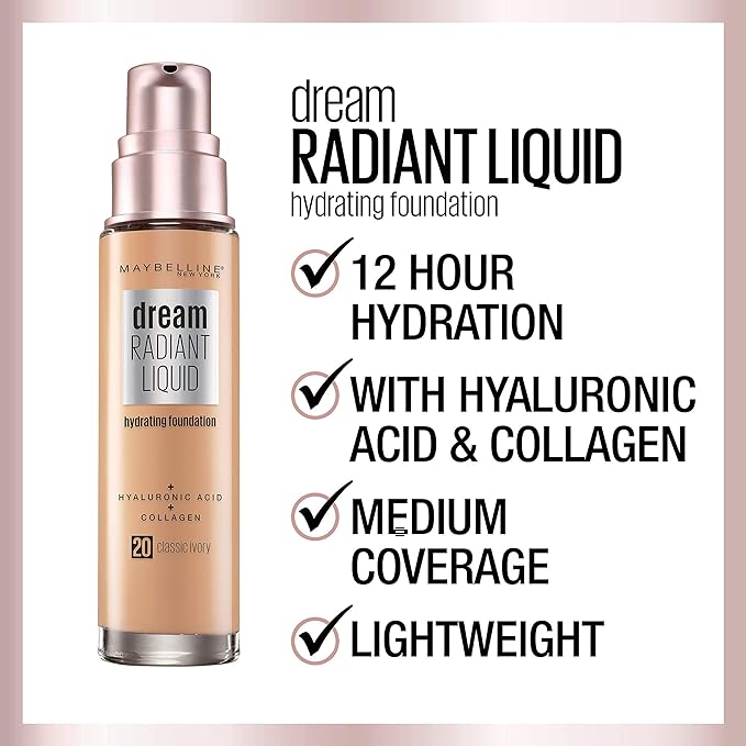 Maybelline Dream Radiant Liquid Medium Coverage Hydrating Makeup, Lightweight Liquid Foundation, Coconut, 1 Count