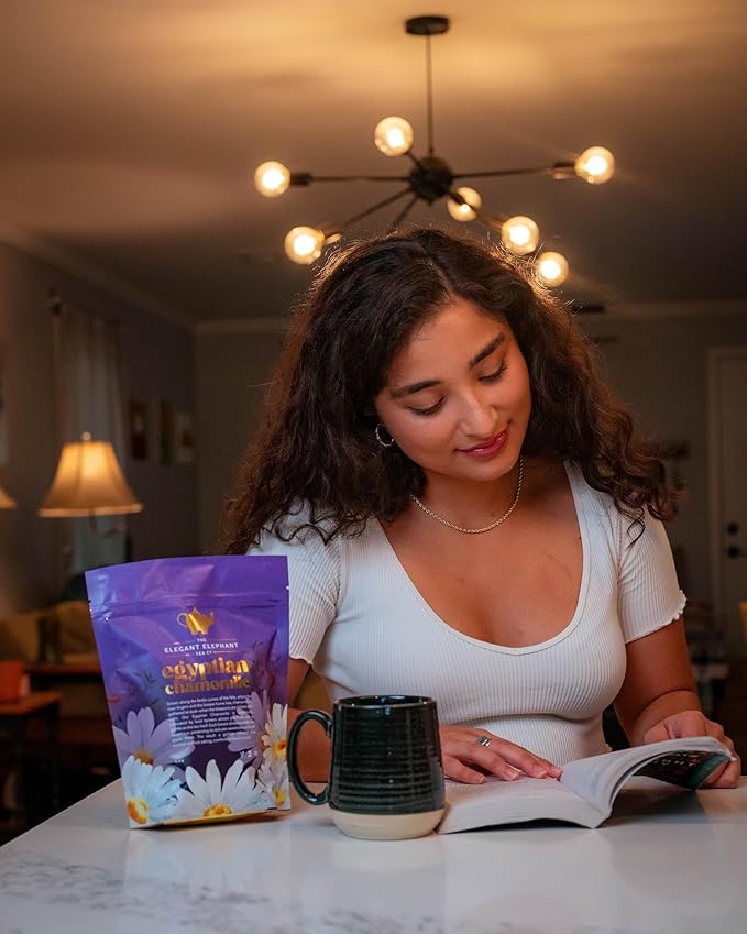 Egyptian Chamomile Tea, Organic Loose Leaf Herbal Tea – Cozy, Calming – Supports Stress Relief, Relaxation & Sleep – 4 oz Resealable Bag (Makes 50 Cups) – The Elegant Elephant