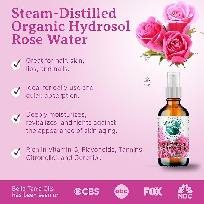 Bella Terra Oils - Organic Rose Water Mist 4 oz - Capture The Bulgarian Rose Essence, Perfect as a Gentle Rosewater Face Mist, Free from Synthetics
