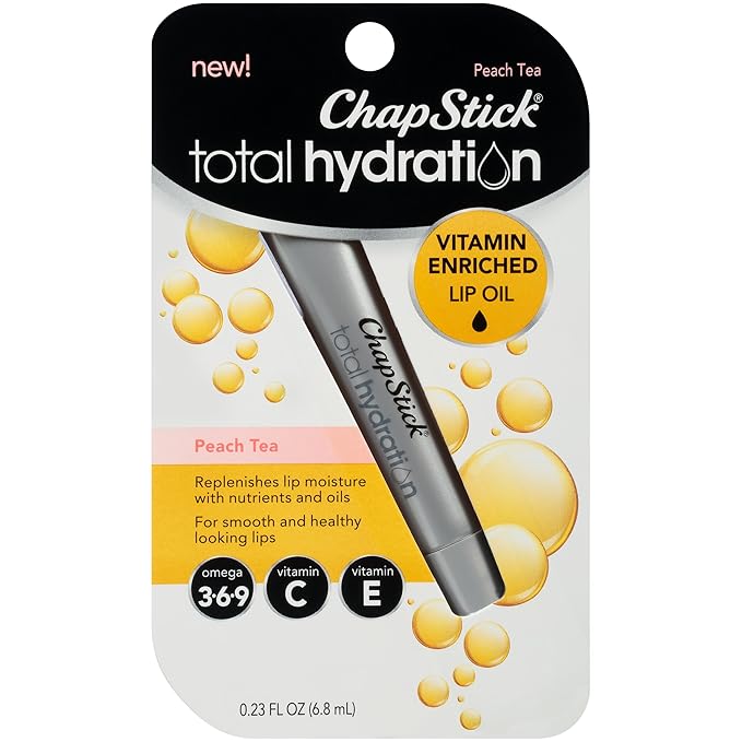 Chapstick Total Hydration Vitamin Enriched Lip Oil, Non Tinted, Vitamin c, vitamin E, Contains Omega 3 6 9, Peach Tea Flavor, 0.23 Fl Oz (Pack of 1)