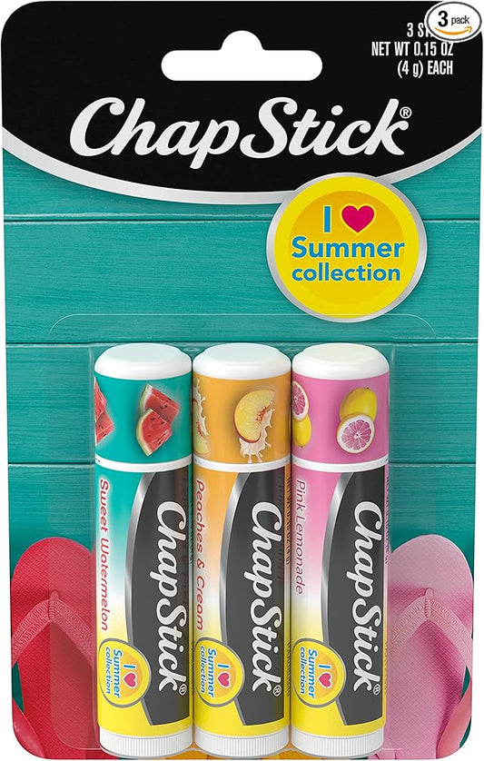 ChapStick I Love Summer Collection Pink Lemonade, Peaches and Cream, and Sweet Watermelon Lip Balm Tubes Variety Pack, Lip Balm Variety Pack - 0.15 Oz Each (Pack of 3)