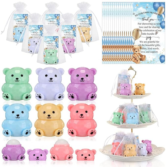 24 Sets Baby Shower Bear Lip Balm Favors Bear Lip Care Transparent Lipstick with Gift Bags and Thank You Cards for Baby Shower Gender Reveal Favors Decorations Gift Supplies