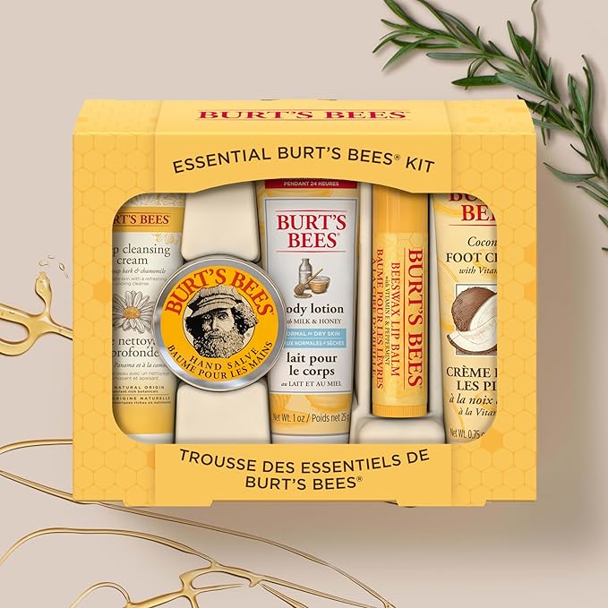 Burt's Bees Back to School Gifts Ideas, 5 Body Care College Dorm Products, Everyday Essentials Set - Original Beeswax Lip Balm, Deep Cleansing Cream, Hand Salve, Body Lotion & Foot Cream, Travel Size