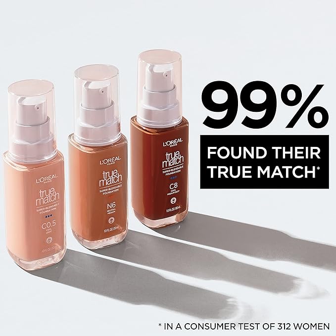 L'Oreal Paris True Match Super-Blendable Foundation, Medium Coverage Liquid Foundation Makeup, N8, Medium Deep, 1 Fl Oz