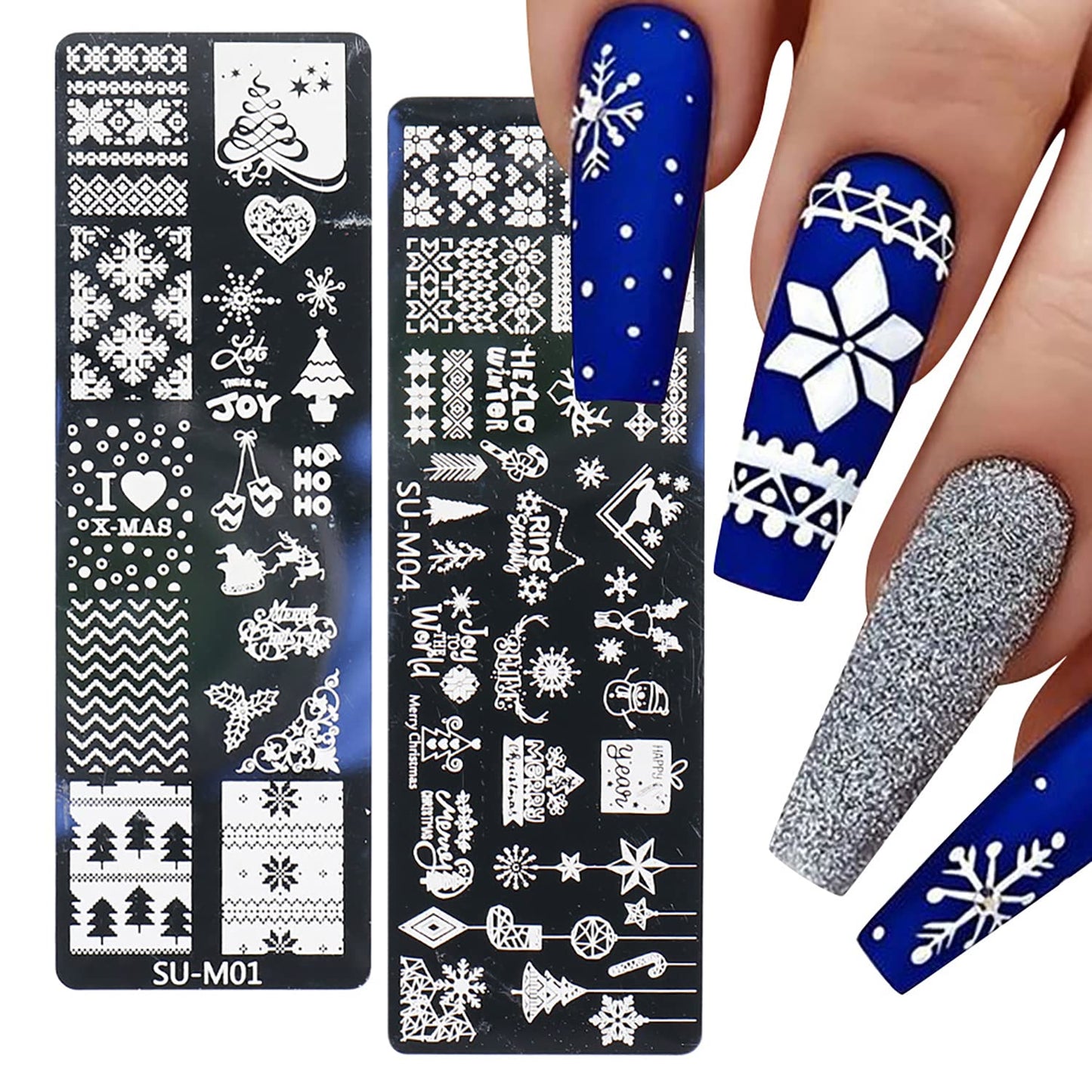 6 Pcs Xmas Christmas Snowflake Nail Stamper Kit with 1 Stamper 1 Scraper, DIY Nail Art Stencil Plates Set
