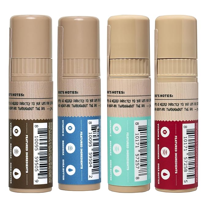 Dr. Squatch NEW Natural Lip Balm - Petrolatum, Paraben, Artificial Flavor-free - Shea Butter, Beeswax, Vitamin E - Original Squatch, Vanilla Bourbon, Coconut Cove, Wild Watermelon (0.25 oz, 4 Pack)