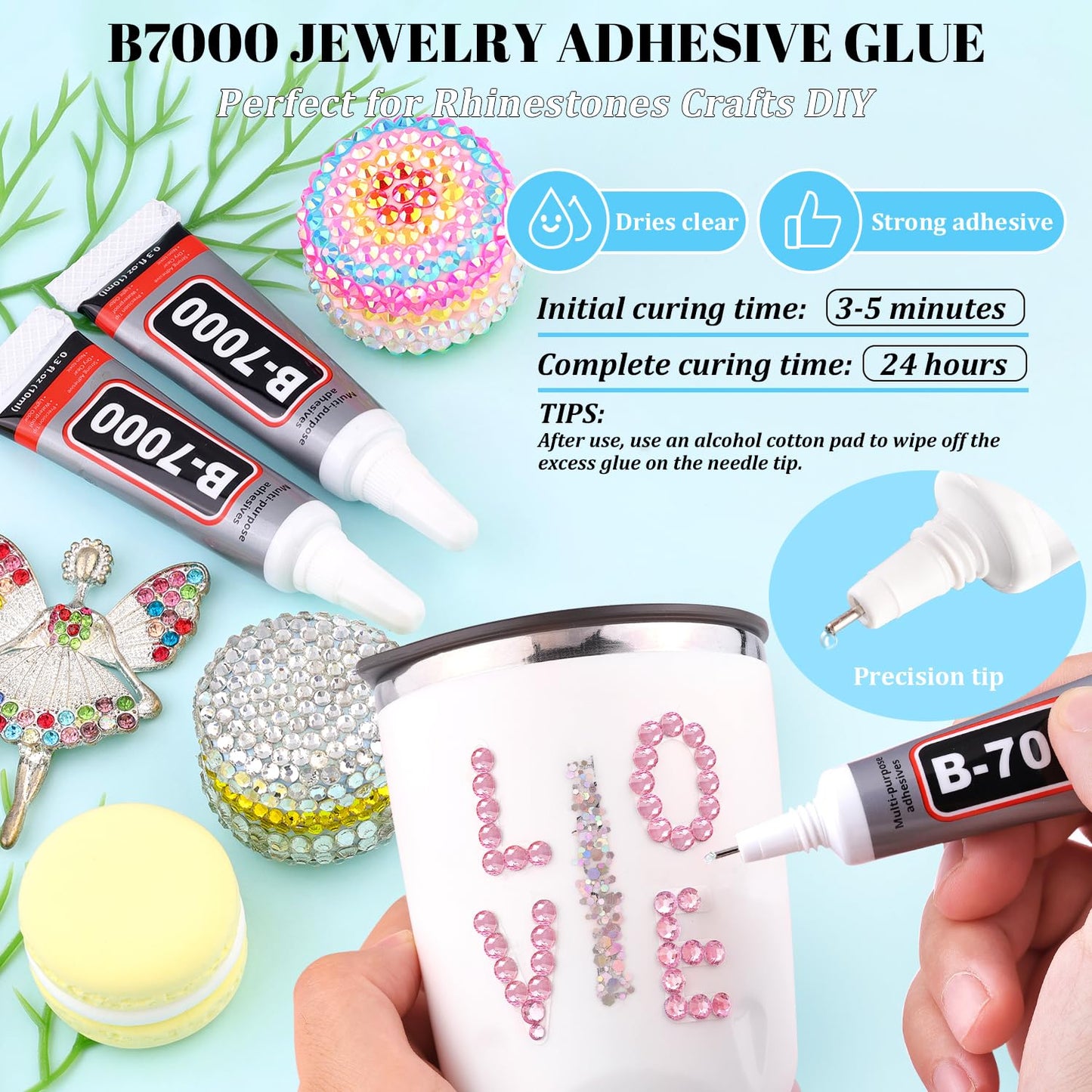 6000Pcs Resin Rhinestones for Bedazzling with 3Pcs B7000 Jewelry Glue, 1 Box Light Pink Flatback Rhinestones for Crafting Crafts DIY, Crystals Gems for Clothing Shoes Tumblers Nail Art Makeup