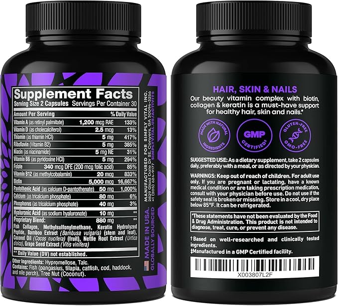 Biotin and Collagen Supplements with Keratin 25000 mcg - Hair Skin & Nails Vitamins with Collagen Keratin B Complex - Made in USA - Biotin for Hair Growth Women & Men Support Skin & Nails, 60 Capsules