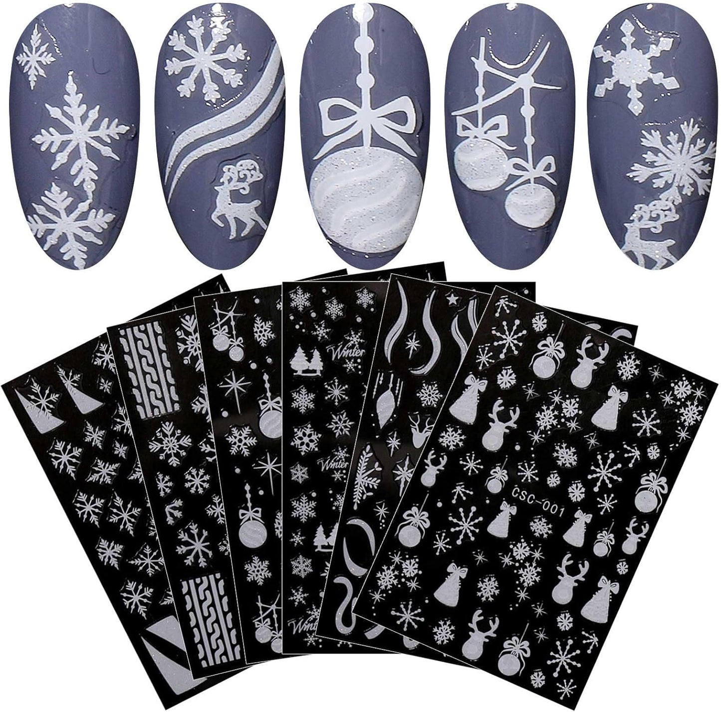JMEOWIO 8 Sheets Christmas Glitter Nail Art Stickers Decals Self-Adhesive Cute Snowflake Winter Holiday White Nail Supplies Nail Art Design Decoration Accessories