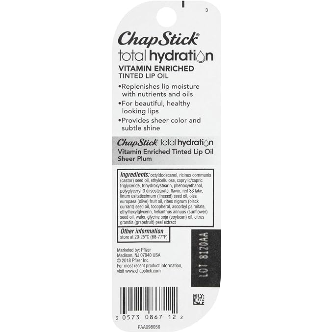 ChapStick Total Hydration Vitamin Enriched Sheer Plum Tinted Lip Oil Tube, Lip Care - 0.24 Oz