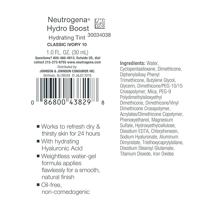 Neutrogena Hydro Boost Hydrating Tint Foundation Makeup for Dry Skin, with Hyaluronic Acid, Lightweight Oil-Free Water Gel, Non-Comedogenic 10 Classic Ivory, 1.0 fl. oz