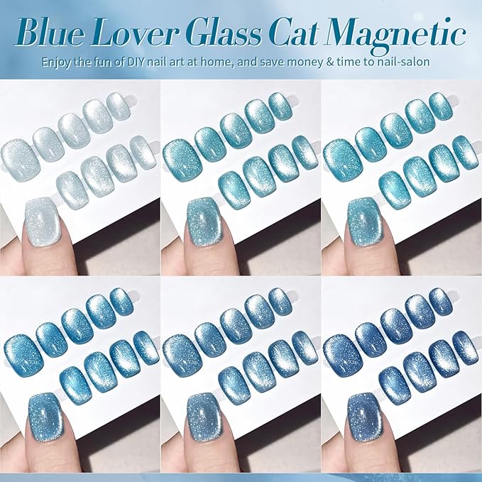 BORN PRETTY Magnetic Gel Nail Polish Blue Water Light Cat Magnetic Eye Gel Jelly Glass Crystal Magnetic Gel Polish Glitter Shimmer Auroras Magnetic Gel Nail Art Manicure Kit 6PCS