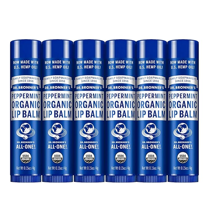 Dr. Bronner's - Organic Lip Balm (Peppermint, 0.15 ounce, 6-Pack) - Made with Organic Beeswax and Avocado Oil, For Dry Lips, Hands, Chin or Cheeks, Jojoba Oil for Added Moisture, Cooling and Hydrating