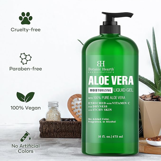 Botanic Hearth Aloe Vera Moisturizing Liquid Gel – 100% Pure Aloe, Enriched with Vitamin C for Dry & Itchy Skin – No Added Color, Fragrance, or Alcohol – 16 fl. oz