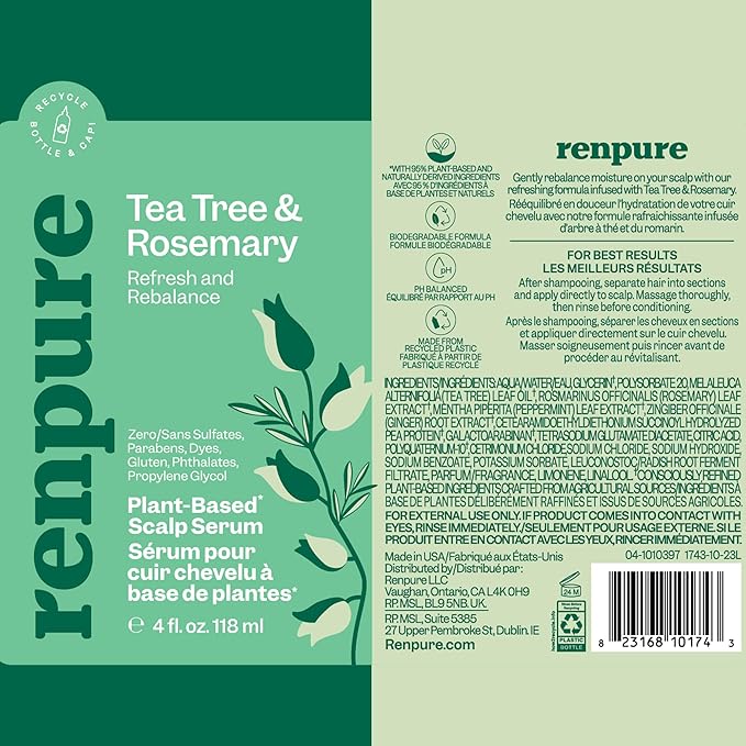 Renpure Tea Tree & Rosemary Scalp Serum, Plant-Based - Refreshing & Rebalancing - For Moisturized, Soft Hair - For Oily/Normal Hair- Tea Tree Leaf Oil, Rosemary Leaf Extract - 4 Fl Oz