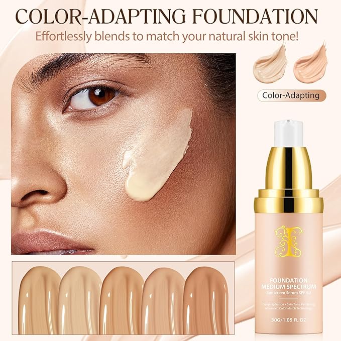 Colour Changing Foundation Liquid 4 in 1, Foundation for Older Women, Hydrating Longwearing & Waterproof Concealer, SPF 50+ Makeup Base Nude Face, Medium Spectrum for all Skin