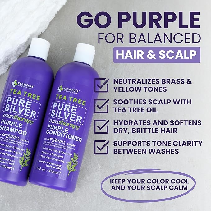Tea Tree Purple Shampoo & Conditioner Set for Blonde, Bleached, Silver & Grey Hair, Anti-Brass Toner, Boosts Highlights & Color, Revitalizes, Relieves Itchy Scalp & Salon-Grade Hair Toner.