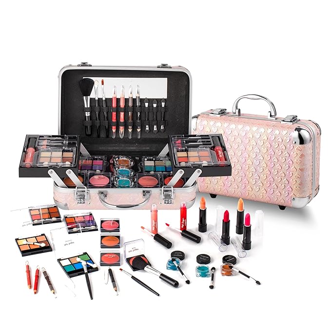Hot Sugar All In One Makeup Set for Teen Girls - Full Makeup Kit for Beginners With Eye Shadow Palette, Blush, Lip Gloss, Brush, Mirror (Pink Heart)