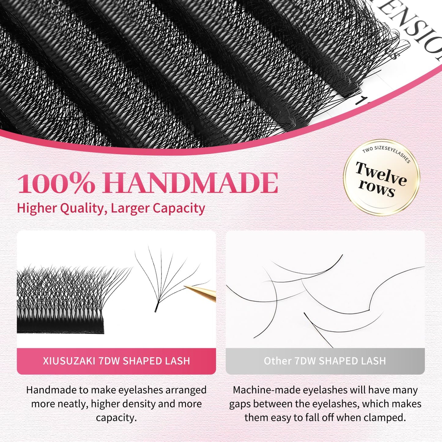 W Lash Extensions Supplies 7D Eyelash Extensions W Shape 0.07mm Thickness C Curl 12mm Premade Fans Easy Fan Lashes Volume Matte Black 12 Rows Crisscross Eye Lashes(W-7D-0.07-C,12mm)