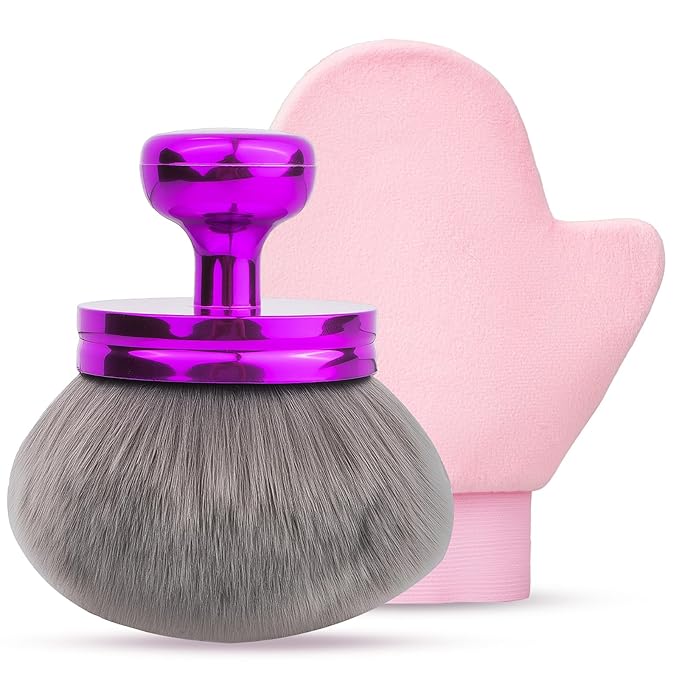 Self Tanner Brushes- Extra Large Body Kabuki Brush & Tanning Mitt, 2 Pcs, Big Body Makeup Brush for Legs, Face, Soft Self Tanning Glove Applicator for Fake Tan, Foundation, Lotion, Makeup (Purple)