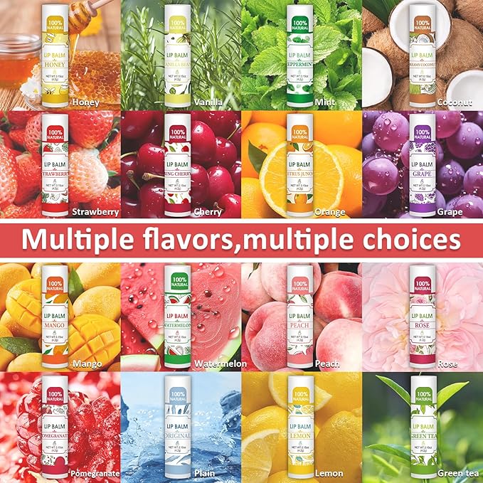 32 Pack Lip Balm, Natural Lip Balm Bulk with Vitamin E and Coconut Oil, Hydrating Lip Balm for Dry Lips, Bulk Lip Balm for Stocking Stuffers - 16 Flavors