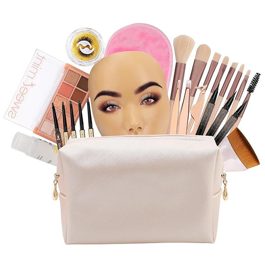 3D Makeup Practice Face Board,Reusable Silicone Makeup Practice Face/Makeup Mannequin Face,with Makeup Brushes Set&Dual head Eyebrow Pencils&a Pair of Eyelashes&a Makeup Bag&makeup remover towel