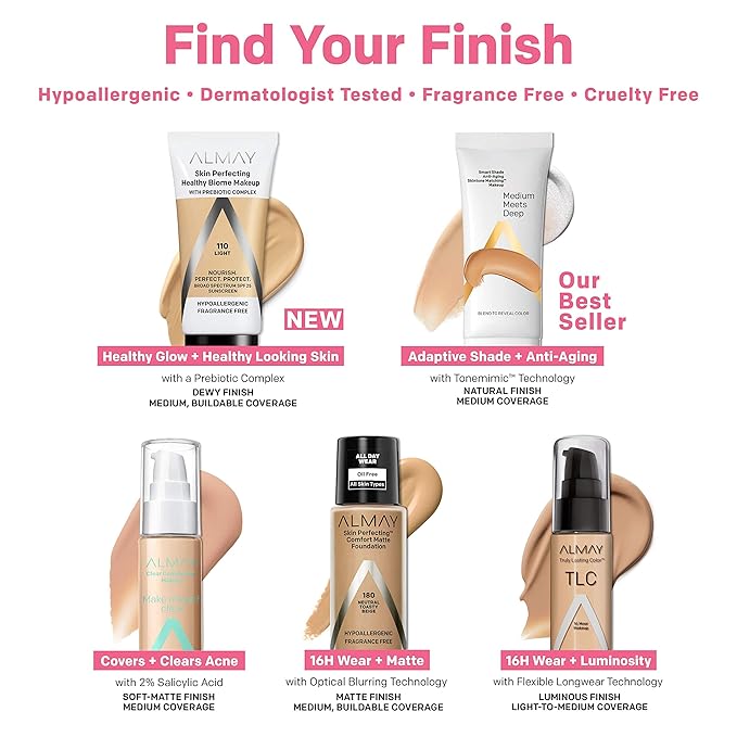 Almay Skin Perfecting Healthy Biome Foundation Makeup with Prebiotic Complex SPF 25, Hypoallergenic, -Fragrance Free, 140 Golden, 1 fl. oz.