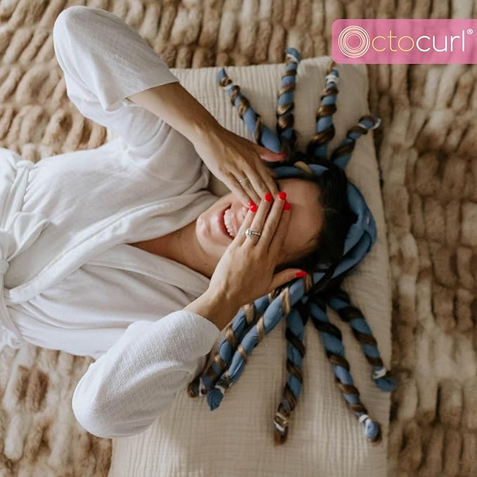 Octocurl Heatless Hair Curler - No Headband Octopus Curler - Overnight Curls for Short Hair (QMax - Blue)