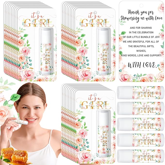 30 Sets Baby Shower Lip Balm Bulk Baby Shower Favors Pink Floral Gender Reveal Small Lip Balm wedding Thank You Gifts Honey Moisturizing Lip Balm Favors for Guest Coworkers Women Men