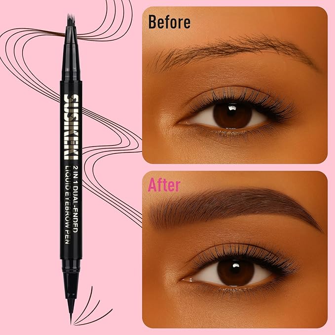 Dual Ended Microblading Eyebrow Pen - 2 in 1 Liquid Eyebrow Pencil with Brow-Fection Angled Brush & Precise Detail Brush-Tip, Shapes & Fills Hair-Like Brows, Lasts All-Day, Black Brown