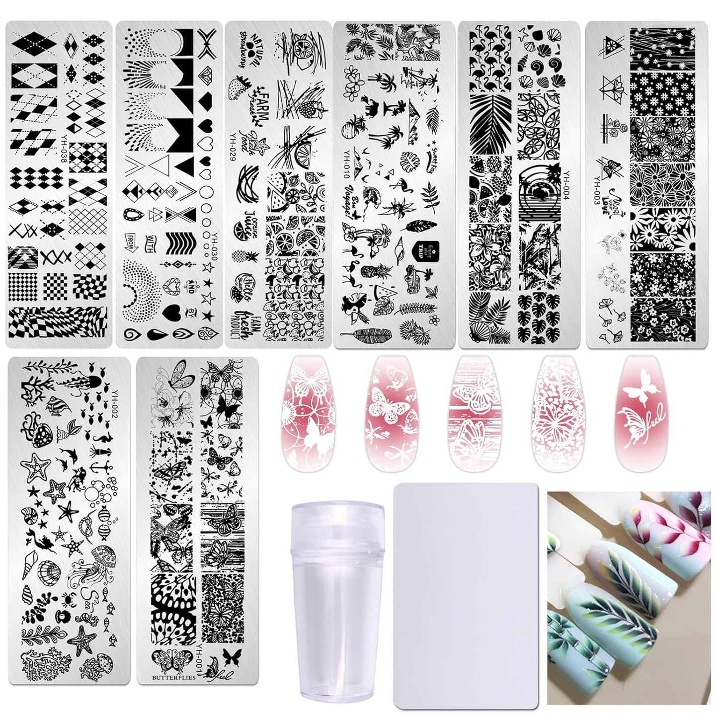 AddFavor Nail Stamper Kit 8pcs Nail Stamping Plates Flower Leaves Geometric Butterfly Image Nail Stencils with Silicone Stamp and Scraper for Women Girls Summer Nail Art Design Supplies Tools