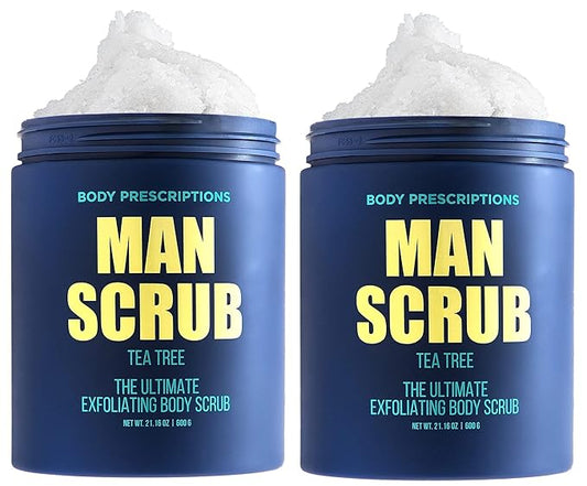 Body Prescriptions Men’s Exfoliating Body Scrub – Ultimate Skin Cleansing Wash in Jar with Twist-Top Lid, For All Skin Types, 21 Ounce (Pack of 2), Tea Tree