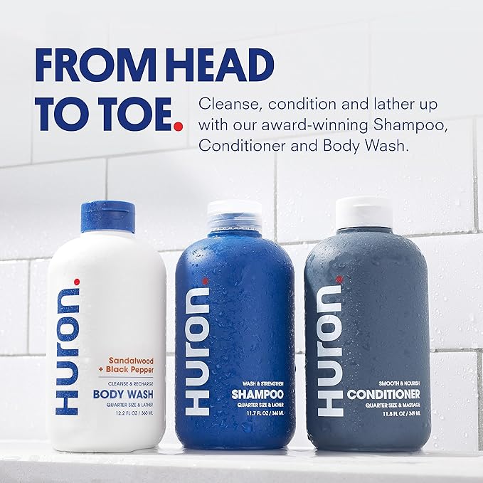 Huron Shower Kit - Shampoo, Conditioner, & Body Wash For Men - Sandalwood + Black Pepper Scent - Hydrating & Nourishing Men's Shampoo & Conditioner