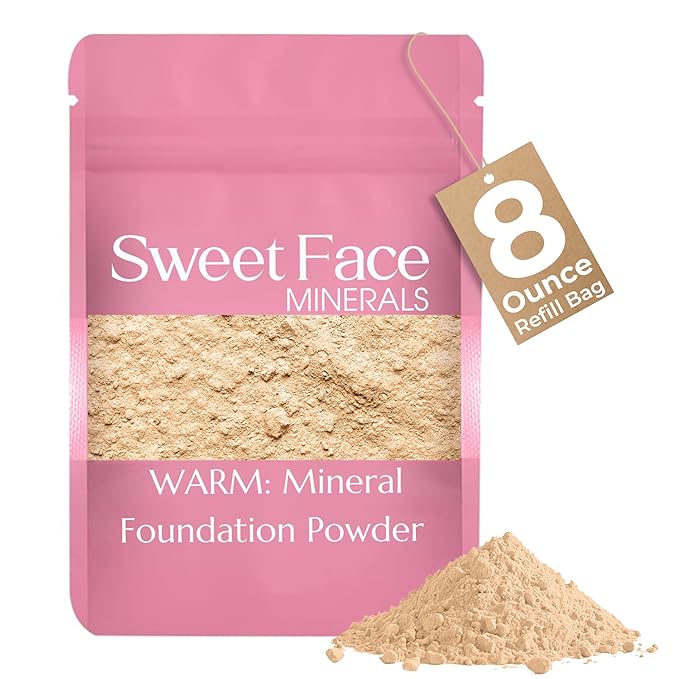 Foundation Powder Refill (Warm)(8 Ounce Bag) By Sweet Face Minerals, Lightweight Mineral Loose Makeup Powder with SPF 20, Full Coverage Flawless Finish, Talc-free, Cruelty-Free, Refillable Pouch
