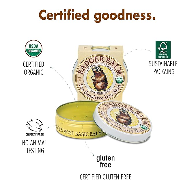 Badger - Unscented Dry Skin Balm, Sensitive Skin Balm, Moisturizing Balm for Dry Cracked Skin, Unscented Balm, Skin Moisturizer Balm, 2 oz