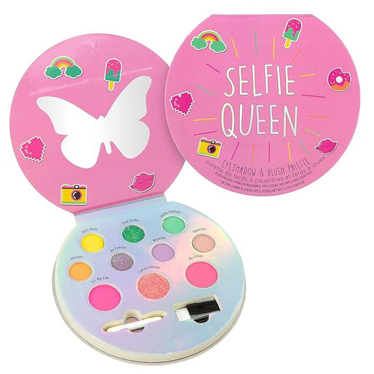 Expressions Selfie Queen Glisten & Glitter Makeup Palette 10 Color Eyeshadow Palette & Blush Makeup Novelty Beauty Set, Fold Out Compact with Mirror, Cute Makeup Kit Gifts - Washable, Non-Toxic